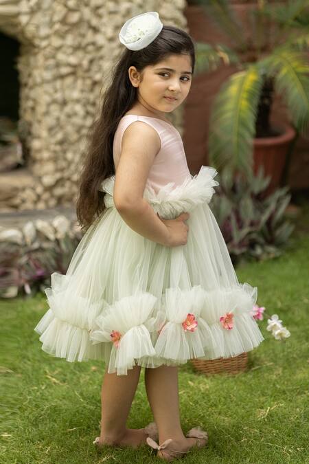 Shop Darleen Kids Couture Pink Net, Taffeta Embroidery Amy One Shoulder Dress at Aza Fashions Shop_Darleen Kids Couture_Pink Net, Taffeta Embroidery Amy One Shoulder Dress _at_Aza_Fashions