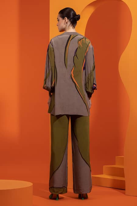 Shop Nautanky Purple Crepe Fabric Flowers Square Neck Blazer Detail Open Shirt And Pant Set at Aza Fashions Shop_Nautanky_Purple Crepe Fabric Flowers Square Neck Blazer Detail Open Shirt And Pant Set _at_Aza_Fashions