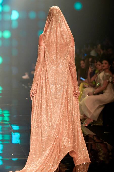 Shop_Itrh_Beige Net Crystals High Neck Oriana Attire Ruched Skirt Set With Head Cape _at_Aza_Fashions