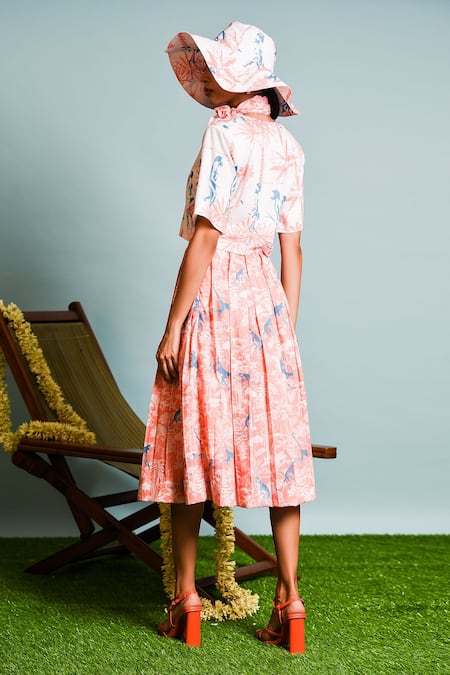 Shop_The Dramebaaz CO_White Muslin, Silk, Linen Collared Safari Print Crop Top With Pleated Skirt _at_Aza_Fashions