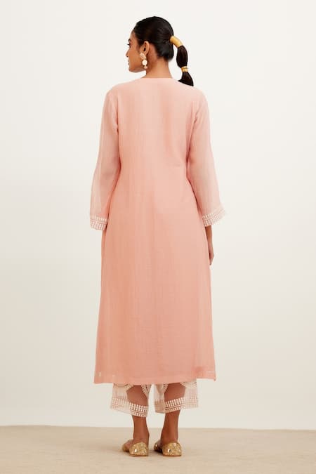 Shop Devnaagri Pink Chanderi And Shantoon V Neck Front Gathered Kurta Set at Aza Fashions Shop_Devnaagri_Pink Chanderi And Shantoon V Neck Front Gathered Kurta Set _at_Aza_Fashions