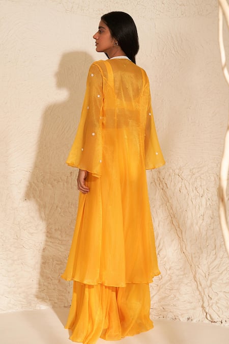 Shop Zoon Yellow Crepe, Organza Embroidery V-, Open Placement Jacket Palazzo Set at Aza Fashions Shop_Zoon_Yellow Crepe, Organza Embroidery V-, Open Placement Jacket Palazzo Set _at_Aza_Fashions