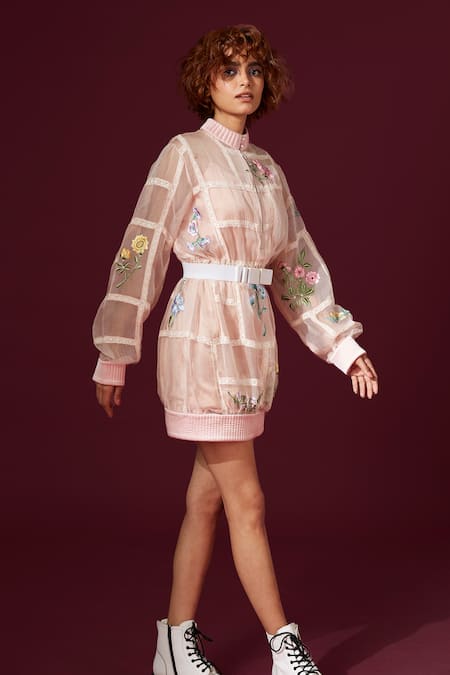 Archana Rao Embroidered Bomber Dress With Bow Belt 