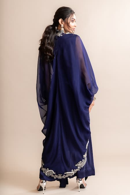 Shop_Nupur Kanoi_Blue Satin, Crepe, Organza Placement Hand Embroidered Kite Cape And Skirt Set _at_Aza_Fashions