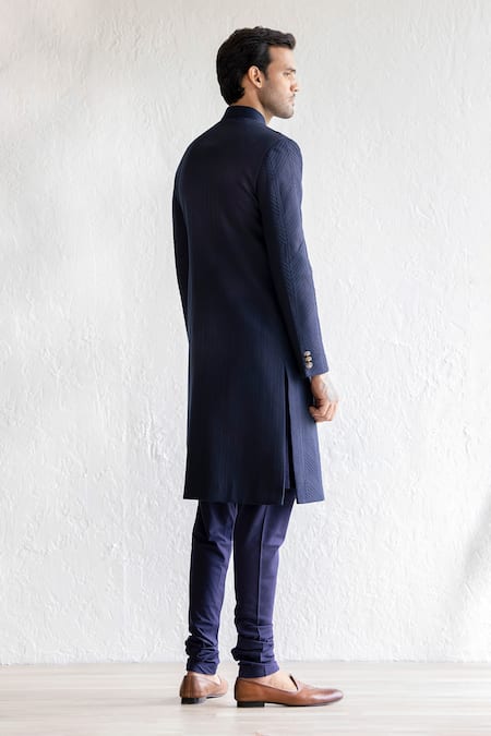 Shop_Qbik_Blue Silk, Satin, Embroidery Jnab Sherwani Set And Kashmiri Stole_at_Aza_Fashions