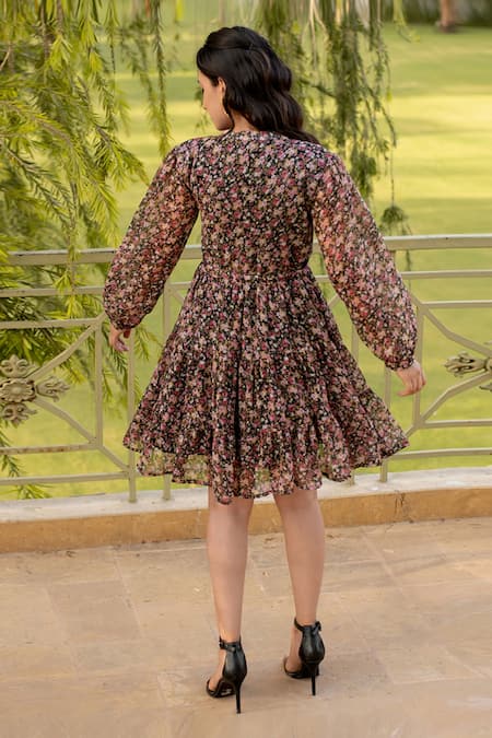 Shop B'Infinite Multi Color Chiffon Embroidery Mandarin Collar All Over Floral Print Dress at Aza Fashions Shop_B'Infinite_Multi Color Chiffon Embroidery Mandarin Collar All Over Floral Print Dress _at_Aza_Fashions