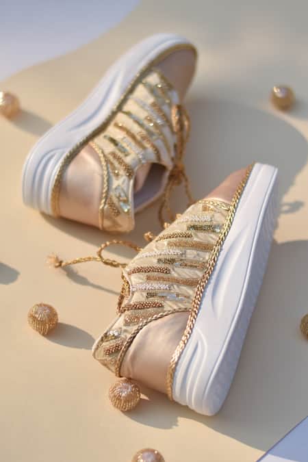 Around Always Gold Leo Pearl Embroidered Sneakers Online at Aza Fashions Around Always_Gold Leo Pearl Embroidered Sneakers _Online_at_Aza_Fashions