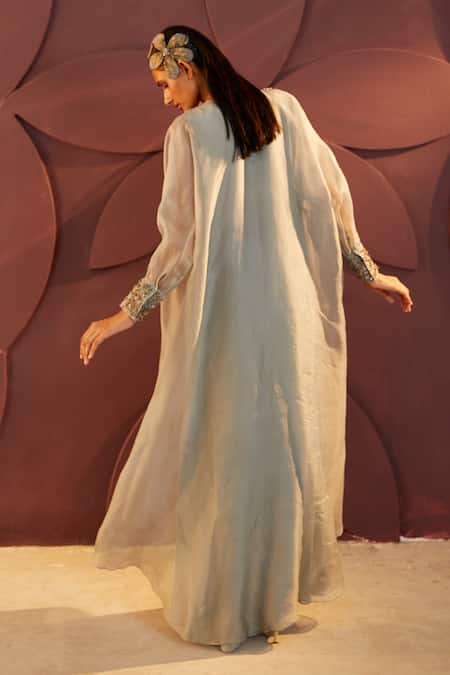 Shop Parul And Preyanka Blue Silk Organza, Lycra, Net Bijou Neckline Asymmetric Kurta And Churidar Set at Aza Fashions Shop_Parul And Preyanka_Blue Silk Organza, Lycra, Net Bijou Neckline Asymmetric Kurta And Churidar Set _at_Aza_Fashions