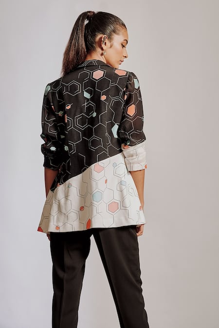 Shop Pocket Stories Black Crepe, Hemp Bandeau Neck Abstract Print Blazer Pant Set at Aza Fashions Shop_Pocket Stories_Black Crepe, Hemp Bandeau Neck Abstract Print Blazer Pant Set _at_Aza_Fashions