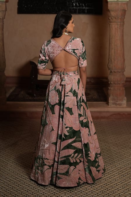 Shop Ruhr India Green Organza, Silk Velvet, Lining Taffeta Floral Hand Embroidered Lehenga Set at Aza Fashions Shop_Ruhr India_Green Organza, Silk Velvet, Lining Taffeta Floral Hand Embroidered Lehenga Set_at_Aza_Fashions