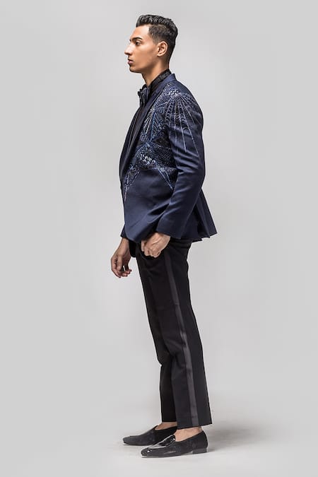 Shop_Asuka_Blue Woven Jacquard Embroidery Placement Blazer Set _at_Aza_Fashions