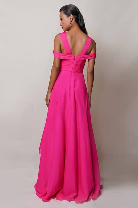 Shop Pinup By Astha Pink Pure Flat Chiffon Lining Butter Crepe V Neck Front Cutout Gown at Aza Fashions Shop_Pinup By Astha_Pink Pure Flat Chiffon Lining Butter Crepe V Neck Front Cutout Gown _at_Aza_Fashions