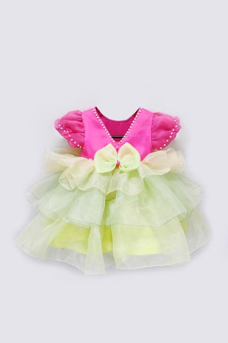Shop Fayon Kids Pink Organza Ruffles Layered Dress at Aza Fashions Shop_Fayon Kids_Pink Organza Ruffles Layered Dress _at_Aza_Fashions