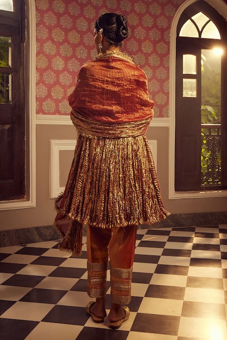 Shop Etasha By Asha Jain Brown Silk, Tissue Sequins, Lace Round Neck Metallic Strappy Kurta Set at Aza Fashions Shop_Etasha By Asha Jain_Brown Silk, Tissue Sequins, Lace Round Neck Metallic Strappy Kurta Set _at_Aza_Fashions