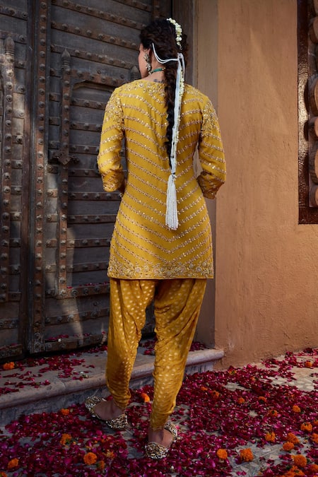 Kritika Dawar_Yellow Georgette, Organza Pearls, Gota Patti, Embroidery Kurta Tulip Pant Set _Online_at_Aza_Fashions