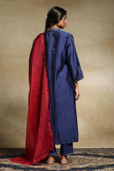 Shop_Weaver Story_Blue Dupatta Organza, Handwoven Pure Chanderi Sequins, Zari Angarkha Kurta Set _at_Aza_Fashions