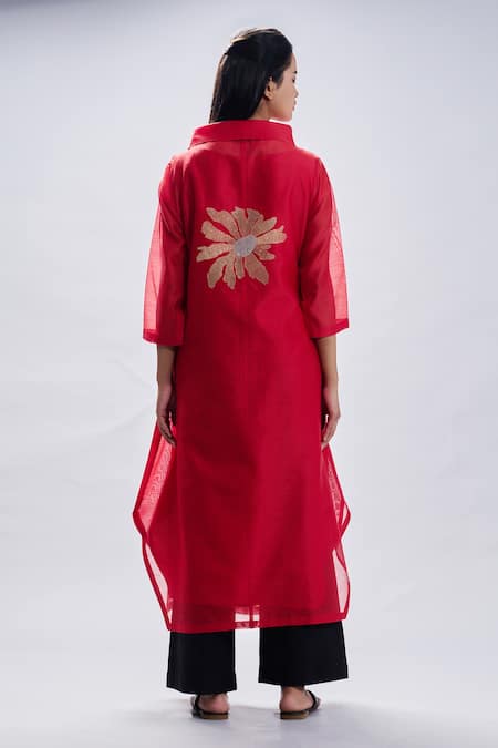 Shop Taika By Poonam Bhagat Red Tunic Chanderi Embroidered Gold Petals Collared Neck And Pant Set at Aza Fashions Shop_Taika By Poonam Bhagat_Red Tunic Chanderi Embroidered Gold Petals Collared Neck And Pant Set _at_Aza_Fashions