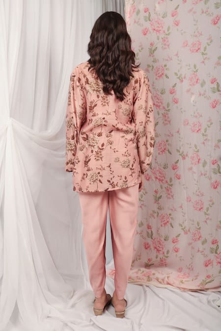 Shop House Of TA-YA Coral Cotton Embroidery Shawl Neck, Print Jacket Dhoti Pant Set at Aza Fashions Shop_House Of TA-YA_Coral Cotton Embroidery Shawl Neck, Print Jacket Dhoti Pant Set _at_Aza_Fashions