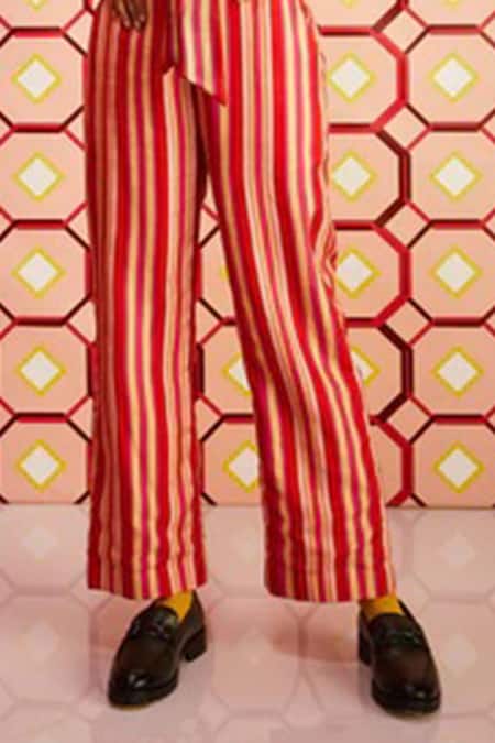 Shop Betrue Red Happy Striped Wide Legged Pant at Aza Fashions Shop_Betrue_Red Happy Striped Wide Legged Pant _at_Aza_Fashions