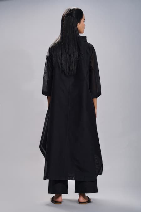 Shop Taika By Poonam Bhagat Black Chanderi Embroidered Hand Sequinned Petals Collared Neck Tunic And Pant Set at Aza Fashions Shop_Taika By Poonam Bhagat_Black Chanderi Embroidered Hand Sequinned Petals Collared Neck Tunic And Pant Set _at_Aza_Fashions