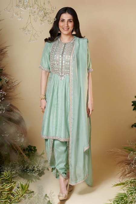 Shop Reeti Arneja Green Silk, Organza Sequins Round Neck Nerissa Yoke Embroidered Kurat Salwar Set at Aza Fashions Shop_Reeti Arneja_Green Silk, Organza Sequins Round Neck Nerissa Yoke Embroidered Kurat Salwar Set _at_Aza_Fashions