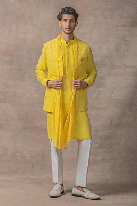 Shop Sarab Khanijou Yellow Modal, Mohair Draped Waist Coat And Kurta Set at Aza Fashions Shop_Sarab Khanijou_Yellow Modal, Mohair Draped Waist Coat And Kurta Set _at_Aza_Fashions