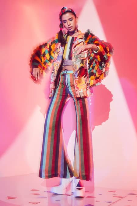 Shop Esha L Amin Multi Color Viscose, Crepe Round Neck Stripe Print Crop Top at Aza Fashions Shop_Esha L Amin_Multi Color Viscose, Crepe Round Neck Stripe Print Crop Top _at_Aza_Fashions