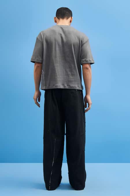 Shop_Siddhant Agrawal_Grey Georgette, Jersey Chrysler Hand Embroidered T-shirt _at_Aza_Fashions