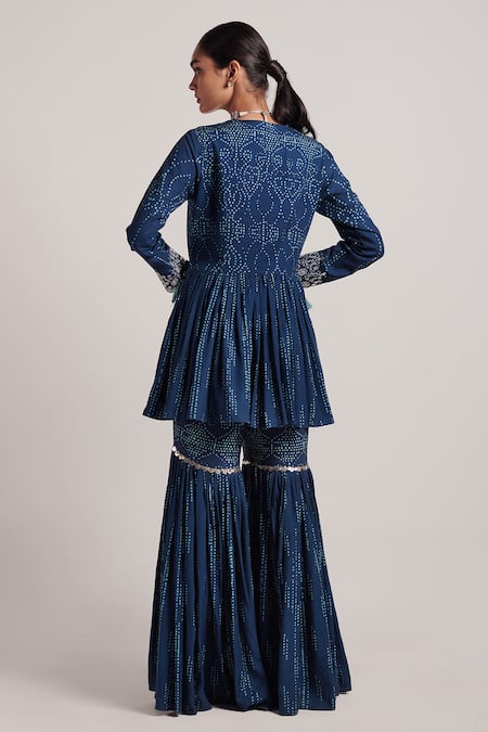 Shop Inej Blue Metal Sequins And Tassels V Neck Embroidered Kurta & Gharara Set at Aza Fashions Shop_Inej_Blue Metal Sequins And Tassels V Neck Embroidered Kurta & Gharara Set_at_Aza_Fashions