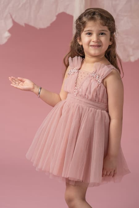 Shop Darleen Kids Couture Pink Net, Taffeta Pearls Pretty Pleats Dress at Aza Fashions Shop_Darleen Kids Couture_Pink Net, Taffeta Pearls Pretty Pleats Dress _at_Aza_Fashions