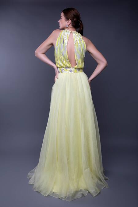 Shop_Anjum Qureshi_Yellow Organza Embroidery Sequin Halter Neck Bodice Gown _at_Aza_Fashions