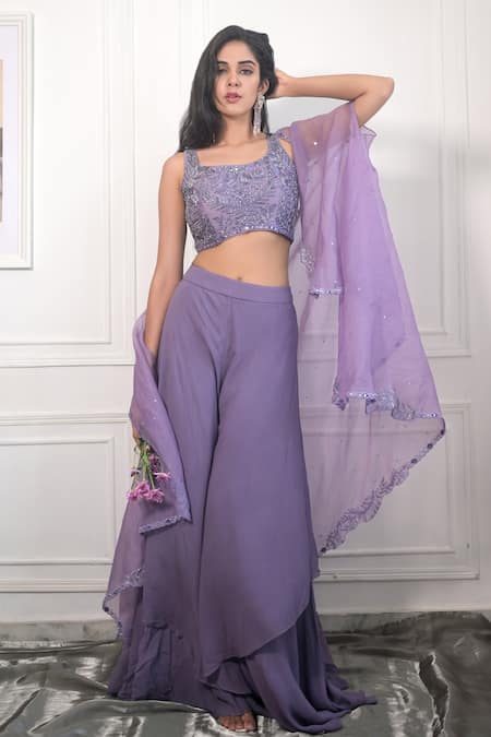 Shop_PIRI INDIA_Purple Georgette, Chanderi Sequins, Beads, Hand Embroidered Cape Palazzo Set _at_Aza_Fashions