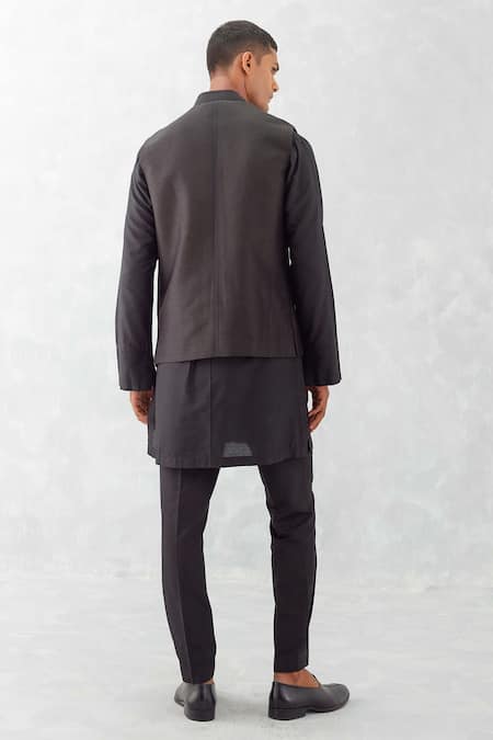 Shop_Devnaagri_Black Linen, Satin, Silk, Cotton Bundi Kurta Set _at_Aza_Fashions