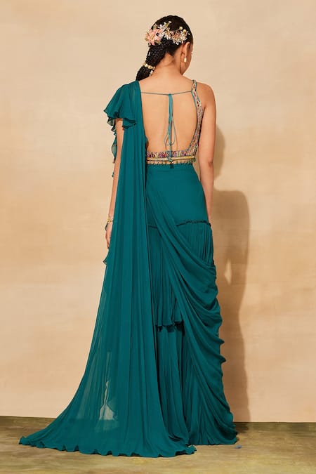Shop_Diyarajvvir_Blue Cotton, Silk, Georgette Cut Work, Layered And Pre-draped Skirt Saree Set _at_Aza_Fashions