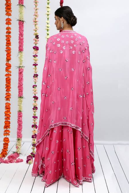 Shop_Shian_Pink Silk Dupion Embellished Thread Cape Open Mirror Sharara Set  _at_Aza_Fashions