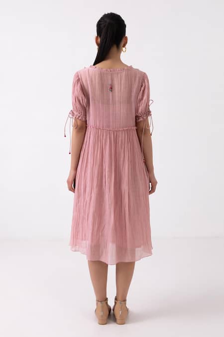 Shop_Label Shreya Sharma_Pink Chanderi Embroidery Round Neck Floral Placement Dress _at_Aza_Fashions