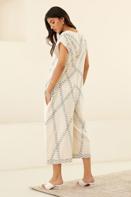 Shop_Cotton and Clay_White Silk Round Neck Hand Block Print Jumpsuit _at_Aza_Fashions