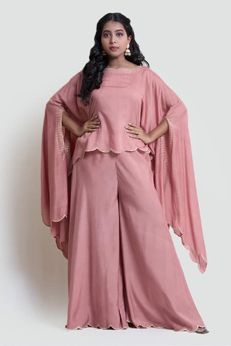 Shop Brij Pink Silk Embroidered Hem Cape And Flared Pant Set at Aza Fashions Shop_Brij_Pink Silk Embroidered Hem Cape And Flared Pant Set _at_Aza_Fashions