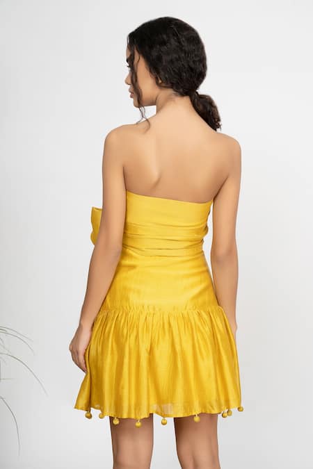 Shop_Amrta By Guneet Kondal_Yellow Cotton, Silk Bows Sash Tie Detailed Dress _at_Aza_Fashions