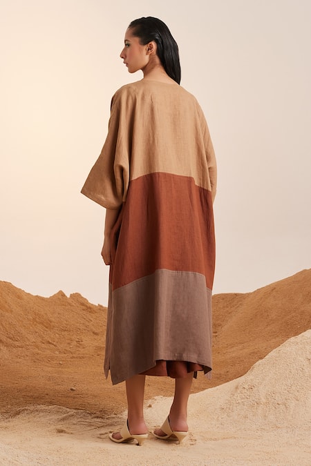 Shop_Cord_Brown Linen V-neck Freya Cape With Dress _at_Aza_Fashions