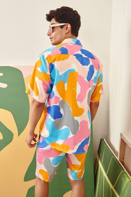 Shop Sorbae Multi Color Cotton Satin Printed Camo Cody Shirt And Shorts Set at Aza Fashions Shop_Sorbae_Multi Color Cotton Satin Printed Camo Cody Shirt And Shorts Set_at_Aza_Fashions