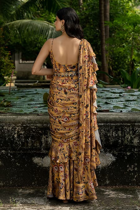 Amrin Khan Kalamkari Print Pre-Draped Saree With Blouse 