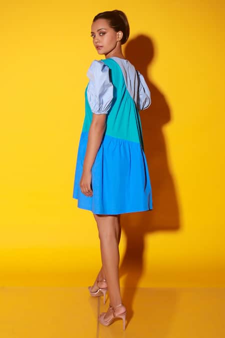 Shop Echke Blue Cotton Round Neck Flared Colour Block Dress at Aza Fashions Shop_Echke_Blue Cotton Round Neck Flared Colour Block Dress _at_Aza_Fashions