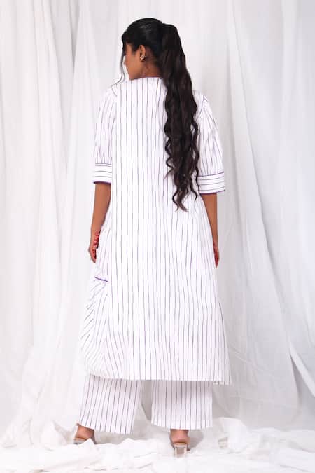 Shop Khat White Poplin, Cotton Round Neck Striped Print Kurta And Pant Set at Aza Fashions Shop_Khat_White Poplin, Cotton Round Neck Striped Print Kurta And Pant Set _at_Aza_Fashions
