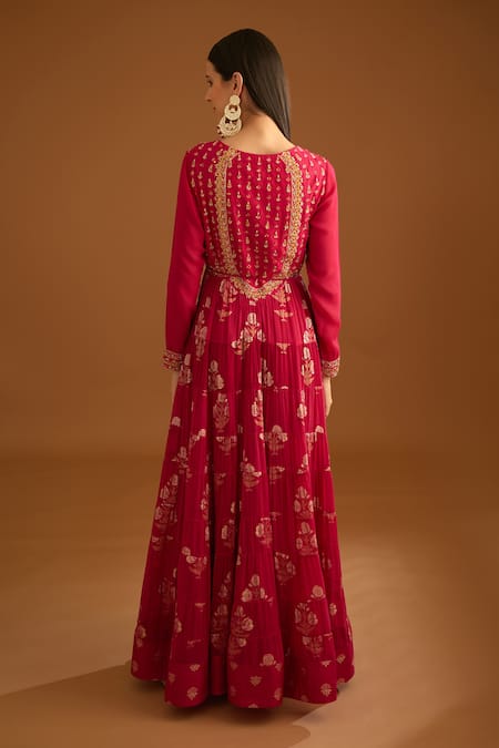 Shop Shyam Narayan Prasad Pink Cotton Satin, Lurex, Georgette Floral Pattern Tiered Anarkali Trouser Set at Aza Fashions Shop_Shyam Narayan Prasad_Pink Cotton Satin, Lurex, Georgette Floral Pattern Tiered Anarkali Trouser Set _at_Aza_Fashions