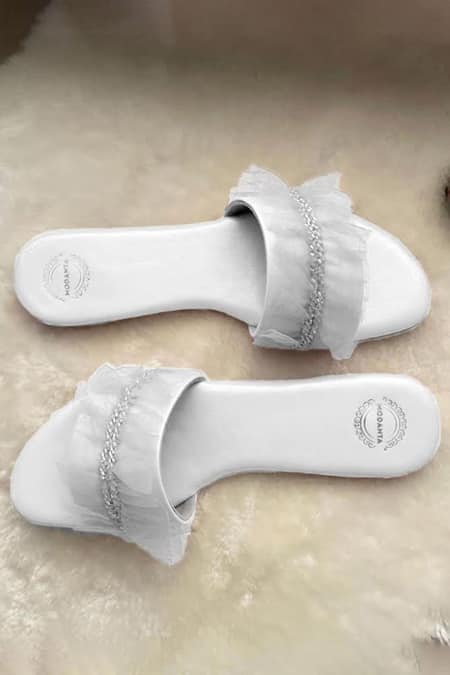 Shop Modanta Footwear White Embellished Ruffle Flats at Aza Fashions Shop_Modanta Footwear_White Embellished Ruffle Flats _at_Aza_Fashions