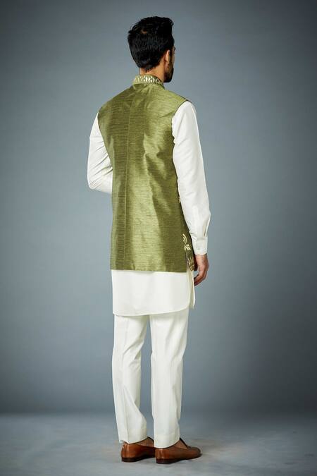 Shop Gargee Designers Green Bundi Polyester, Kurta And Pant Cotton Silk Sheesh Embroidered & Set at Aza Fashions Shop_Gargee Designers_Green Bundi Polyester, Kurta And Pant Cotton Silk Sheesh Embroidered & Set_at_Aza_Fashions