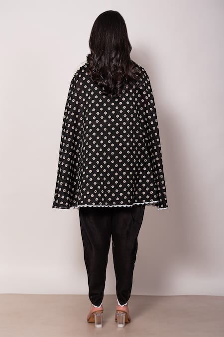 Shop Vara By Vibha N Priti Black , Satin Pearls Geometric Print Cape Tunic With Dhoti Pant at Aza Fashions Shop_Vara By Vibha N Priti_Black , Satin Pearls Geometric Print Cape Tunic With Dhoti Pant _at_Aza_Fashions