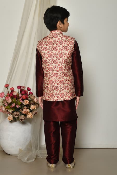 Shop_Petite Pomme_Wine Brocade, Silk Embroidery Vivid Persian Floral Print Jacket Kurta Set _at_Aza_Fashions