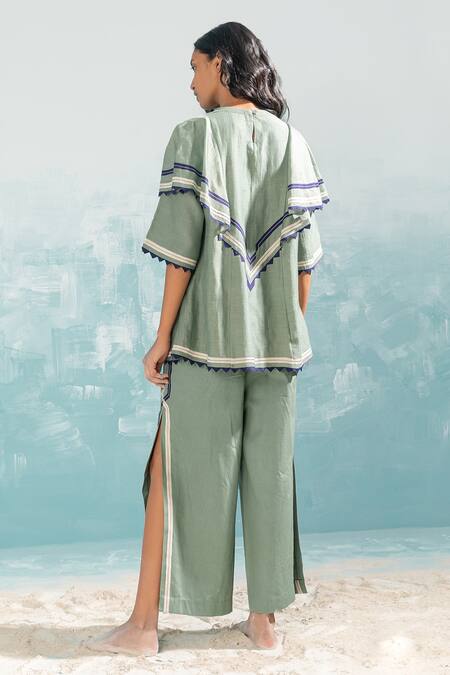 Shop Ikai By Ragini Ahuja Green Cotton Applique, Cut Work Nile Cut-work High Slit Pant at Aza Fashions Shop_Ikai By Ragini Ahuja_Green Cotton Applique, Cut Work Nile Cut-work High Slit Pant_at_Aza_Fashions